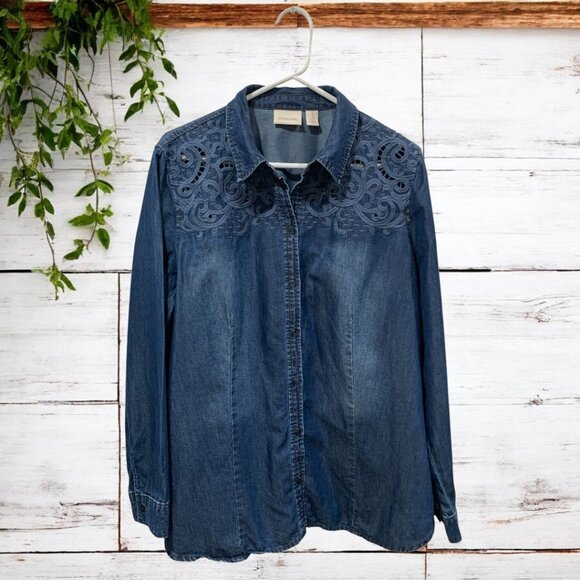 Chicos Tess Denim Shirt Women’s Chambray Embroidered Size XL - Picture 3 of 11